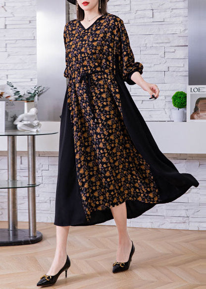 Black Tie Waist V Neck Print Patchwork Silk Holiday Dress Spring