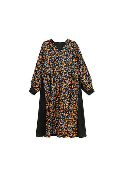 Black Tie Waist V Neck Print Patchwork Silk Holiday Dress Spring