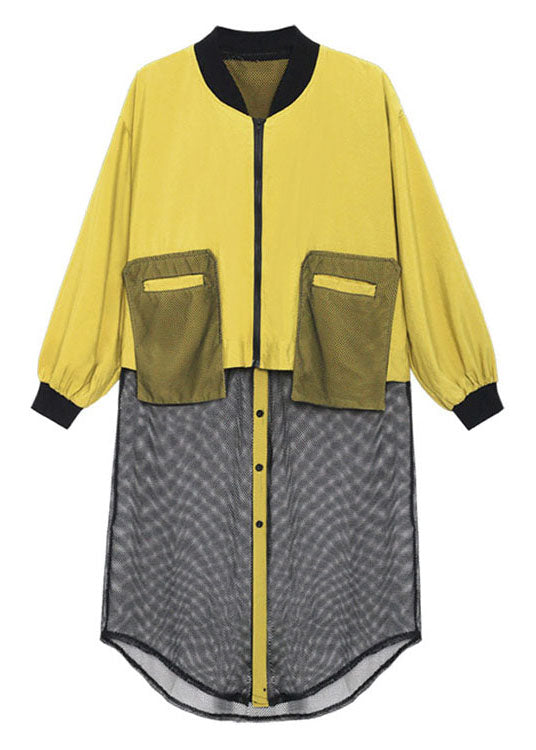 Black Zippered Pockets Tulle Patchwork Fall Long Sleeve Trench Coat