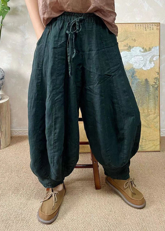 Blackish Green Elastic Waist Linen Lantern Pants Summer