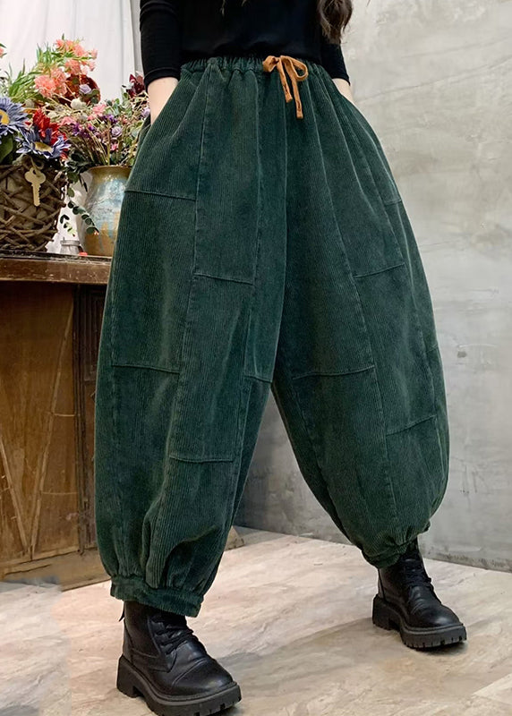 Blackish Green Elastic Waist Tie Waist Corduroy Lantern Pants Spring