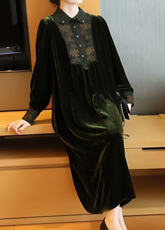 Blackish Green Embroideried Patchwork Silk Velour Party Dress Spring