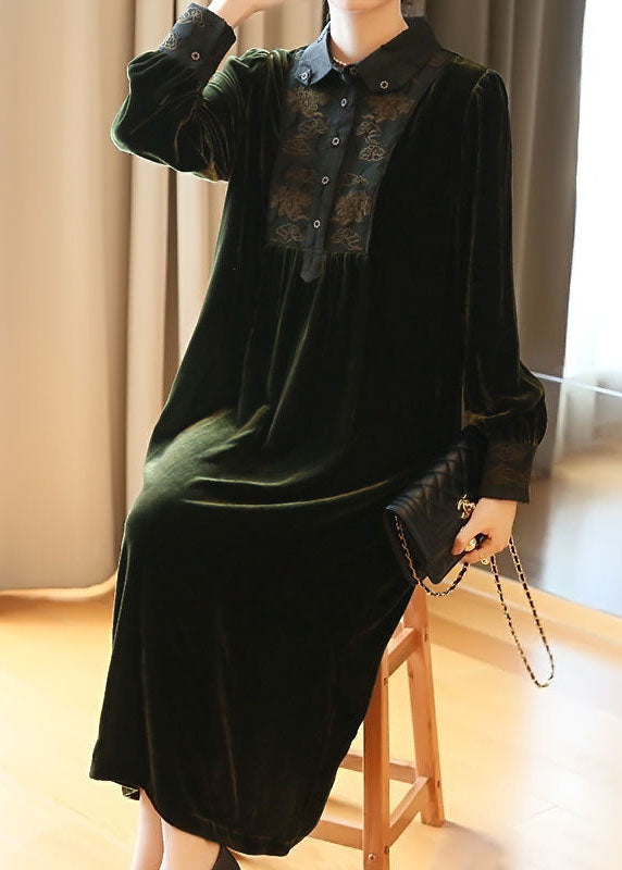 Blackish Green Embroideried Patchwork Silk Velour Party Dress Spring