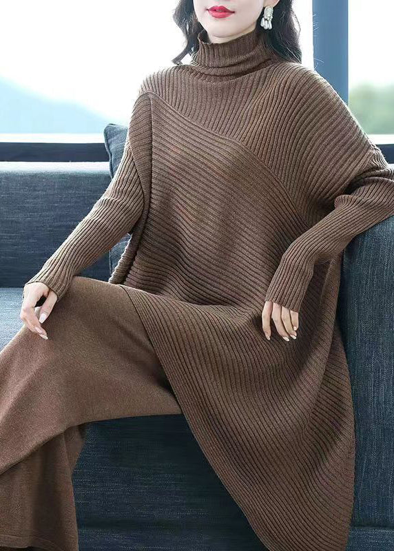 Blackish Green Hign Neck Patchwork Woolen Two Piece Suit Set Fall