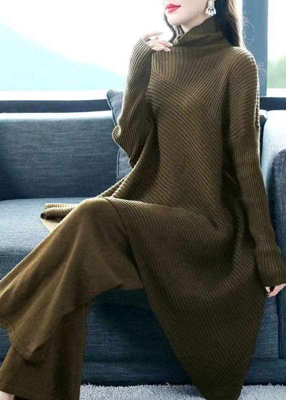 Blackish Green Hign Neck Patchwork Woolen Two Piece Suit Set Fall
