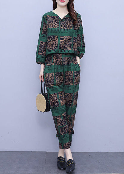 Blackish Green Print Top and Crop Pants Two Pieces Set Long Sleeve