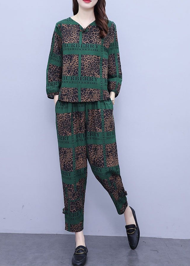 Blackish Green Print Top and Crop Pants Two Pieces Set Long Sleeve