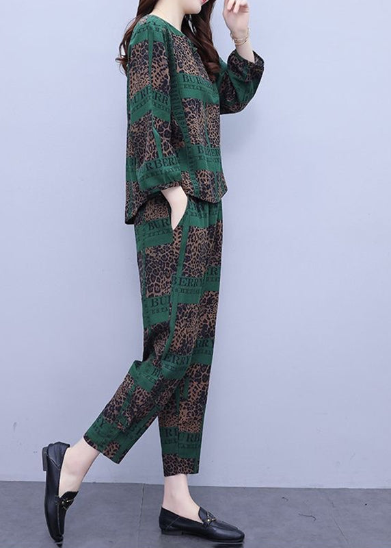 Blackish Green Print Top and Crop Pants Two Pieces Set Long Sleeve