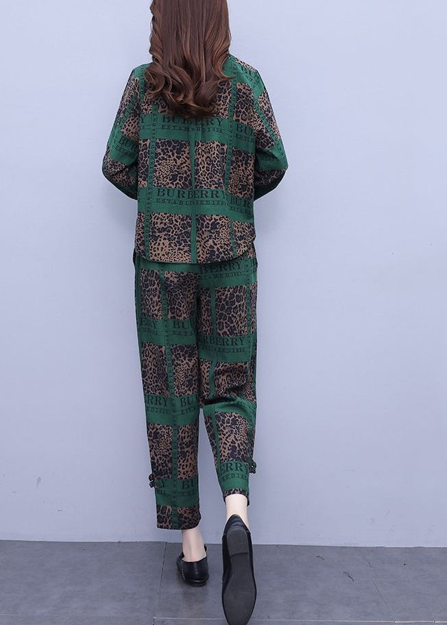 Blackish Green Print Top and Crop Pants Two Pieces Set Long Sleeve