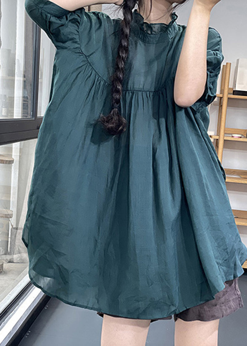 Blackish Green Ruffled Patchwork Wrinkled Linen Top Summer
