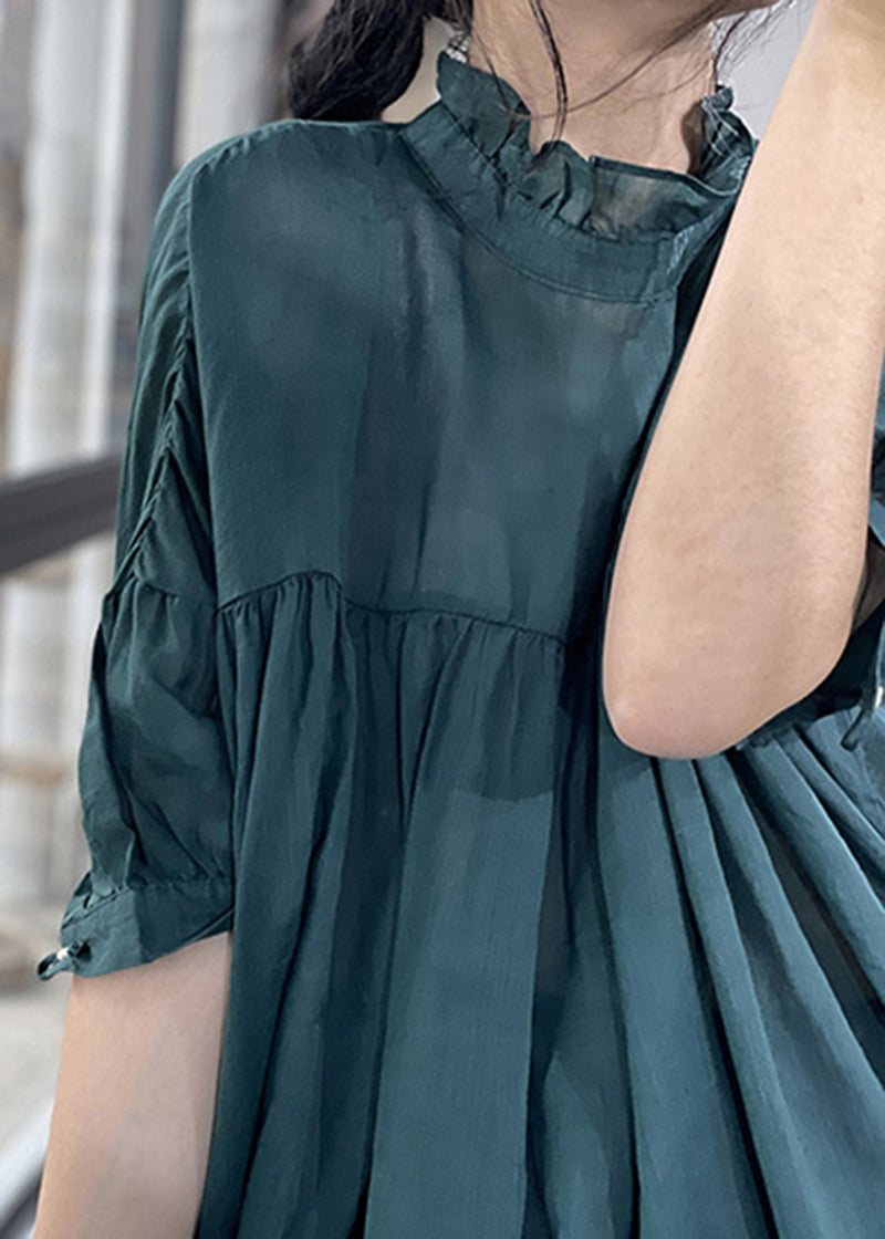 Blackish Green Ruffled Patchwork Wrinkled Linen Top Summer