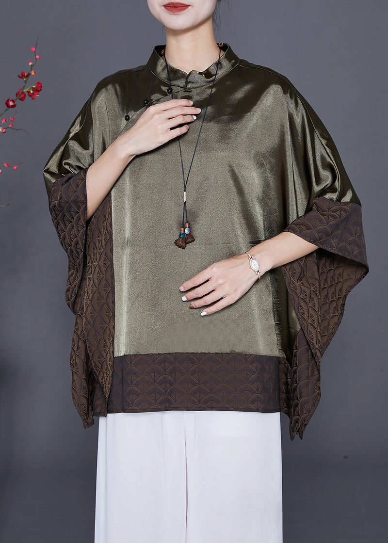 Blackish Green Stand Collar Patchwork Silk Shirt Summer