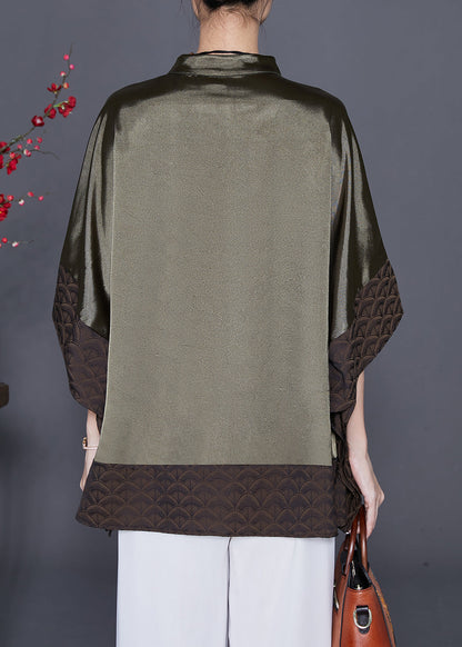 Blackish Green Stand Collar Patchwork Silk Shirt Summer
