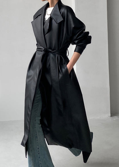 Blackish Green Tie Waist Faux Leather Warm Fleece Coats Winter