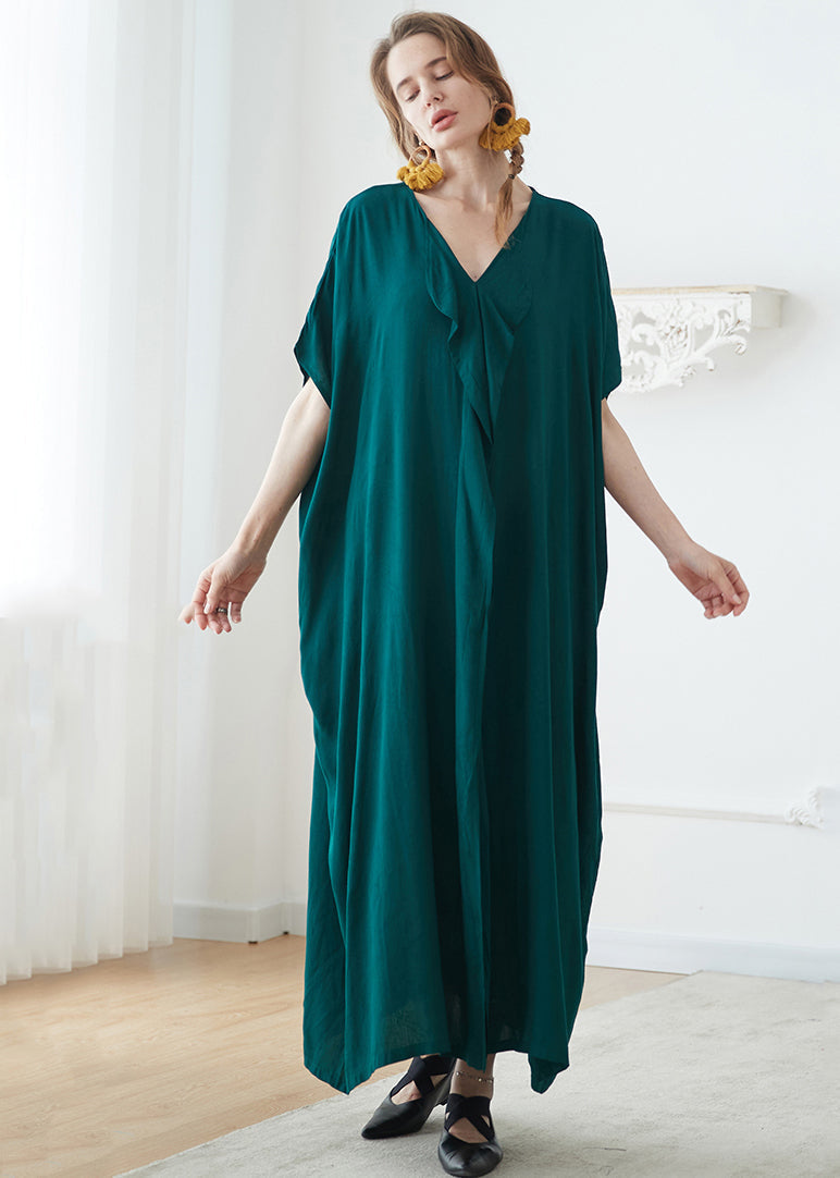 Blackish Green V Neck Pockets Patchwork Cotton Maxi Dress Summer