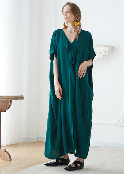 Blackish Green V Neck Pockets Patchwork Cotton Maxi Dress Summer