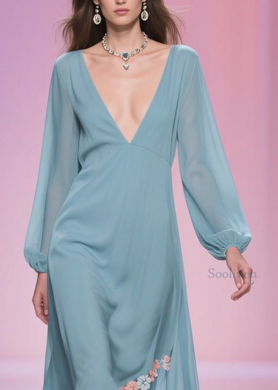 Blue Asymmetrical Chiffon Long Dress Spring