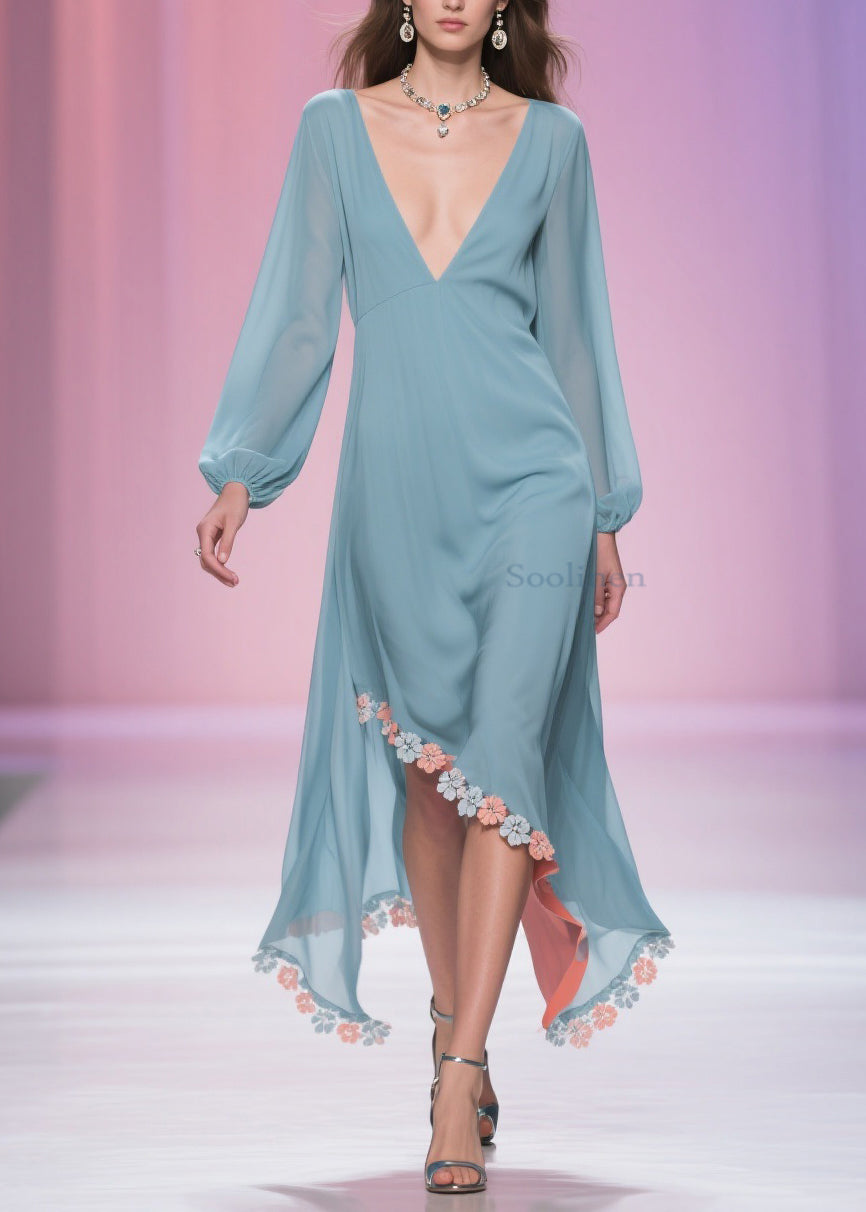 Blue Asymmetrical Chiffon Long Dress Spring