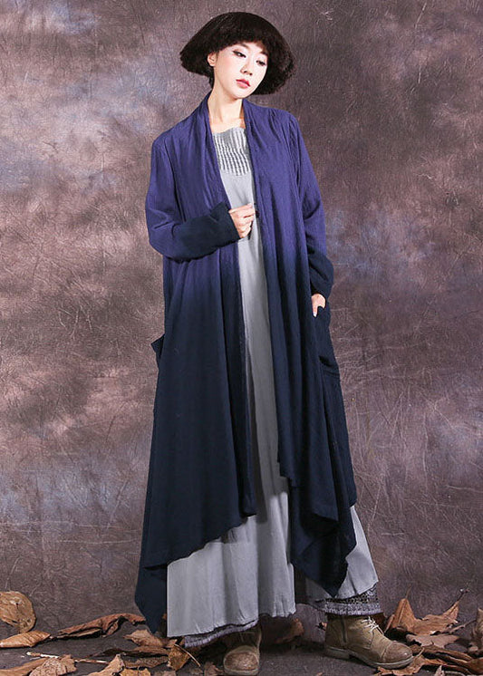 Blue Asymmetrical Gradient Color Cotton Spring Wrap Coat