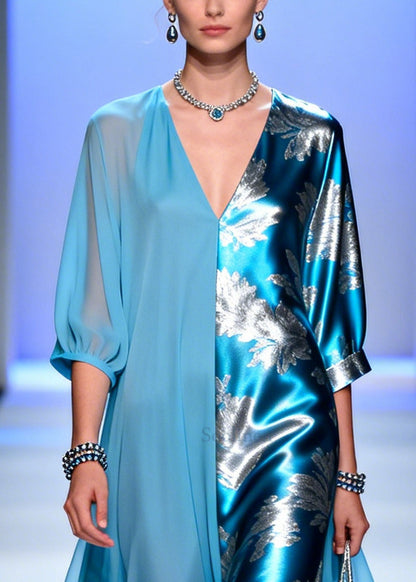Blue Asymmetrical Patchwork Chiffon Party Dress Summer