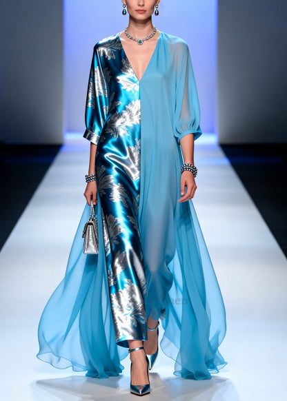 Blue Asymmetrical Patchwork Chiffon Party Dress Summer