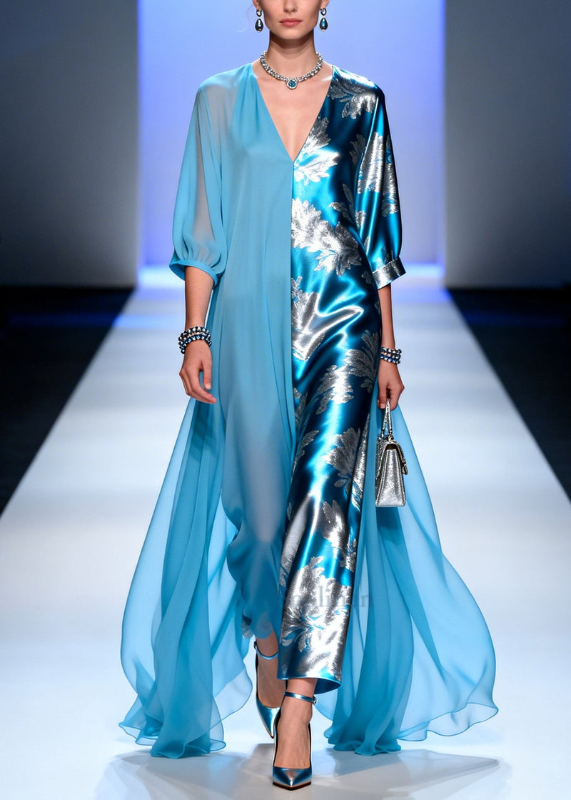 Blue Asymmetrical Patchwork Chiffon Party Dress Summer