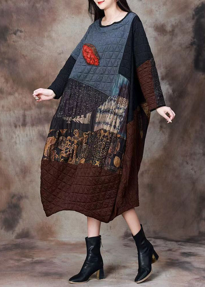 Blue Asymmetrical Patchwork Cotton Filled Long Dress Spring