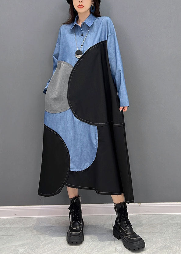 Blue Black Patchwork Asymmetrical Design Cotton Loose Dress Fall
