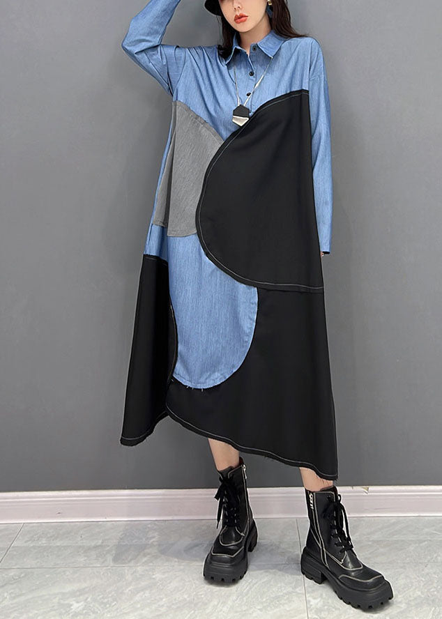 Blue Black Patchwork Asymmetrical Design Cotton Loose Dress Fall