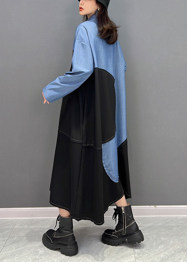 Blue Black Patchwork Asymmetrical Design Cotton Loose Dress Fall