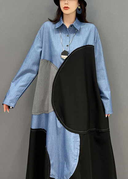 Blue Black Patchwork Asymmetrical Design Cotton Loose Dress Fall