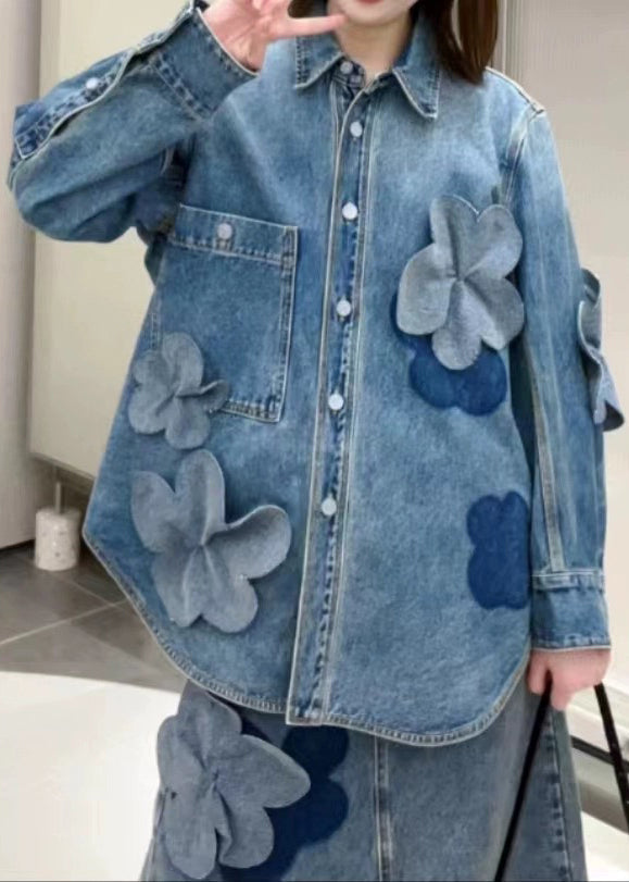 Blue Button Pockets Denim Coats Long Sleeve