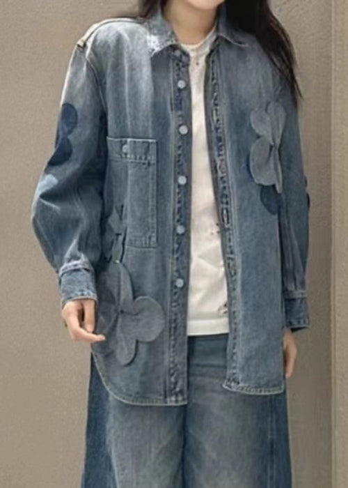 Blue Button Pockets Denim Coats Long Sleeve