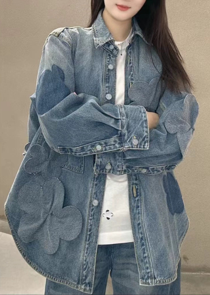 Blue Button Pockets Denim Coats Long Sleeve