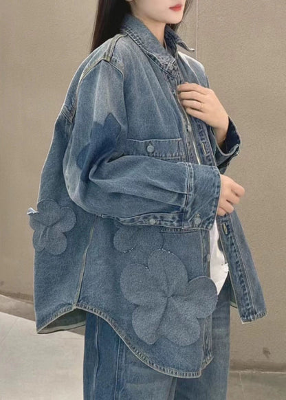 Blue Button Pockets Denim Coats Long Sleeve