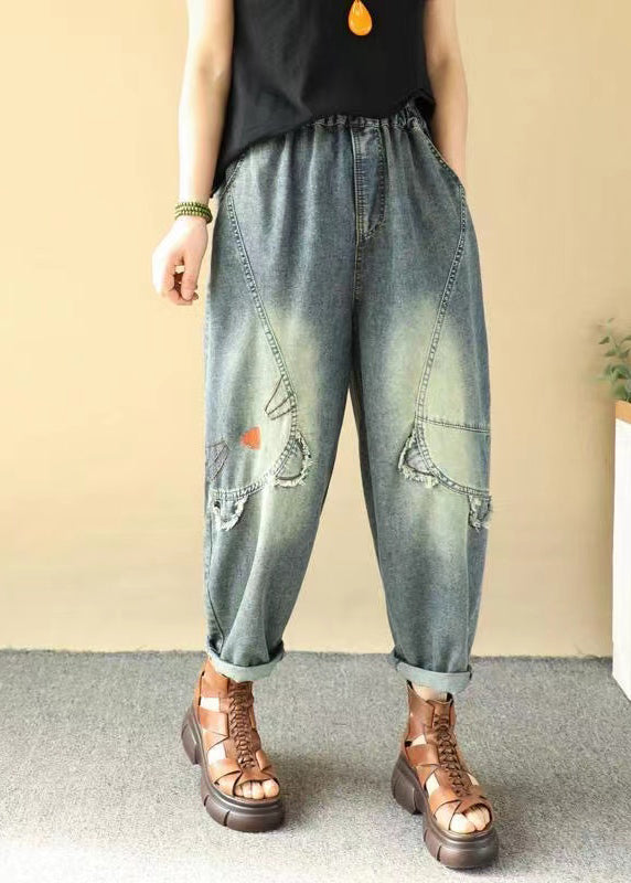 Blue Cartoon Embroidered Denim Pants Summer
