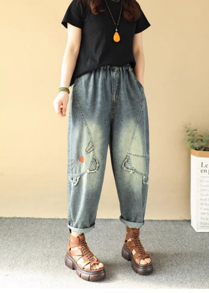 Blue Cartoon Embroidered Denim Pants Summer