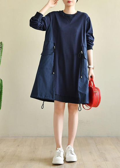 Blue Cinched Cotton Patchwork Spring Dress
