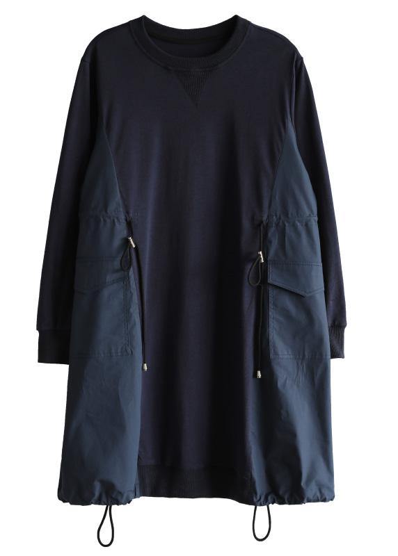 Blue Cinched Cotton Patchwork Spring Dress