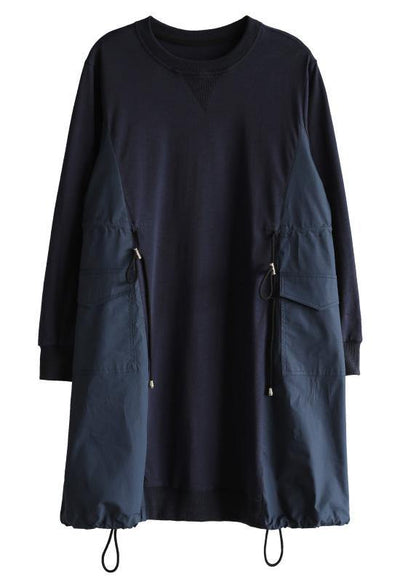 Blue Cinched Cotton Patchwork Spring Dress