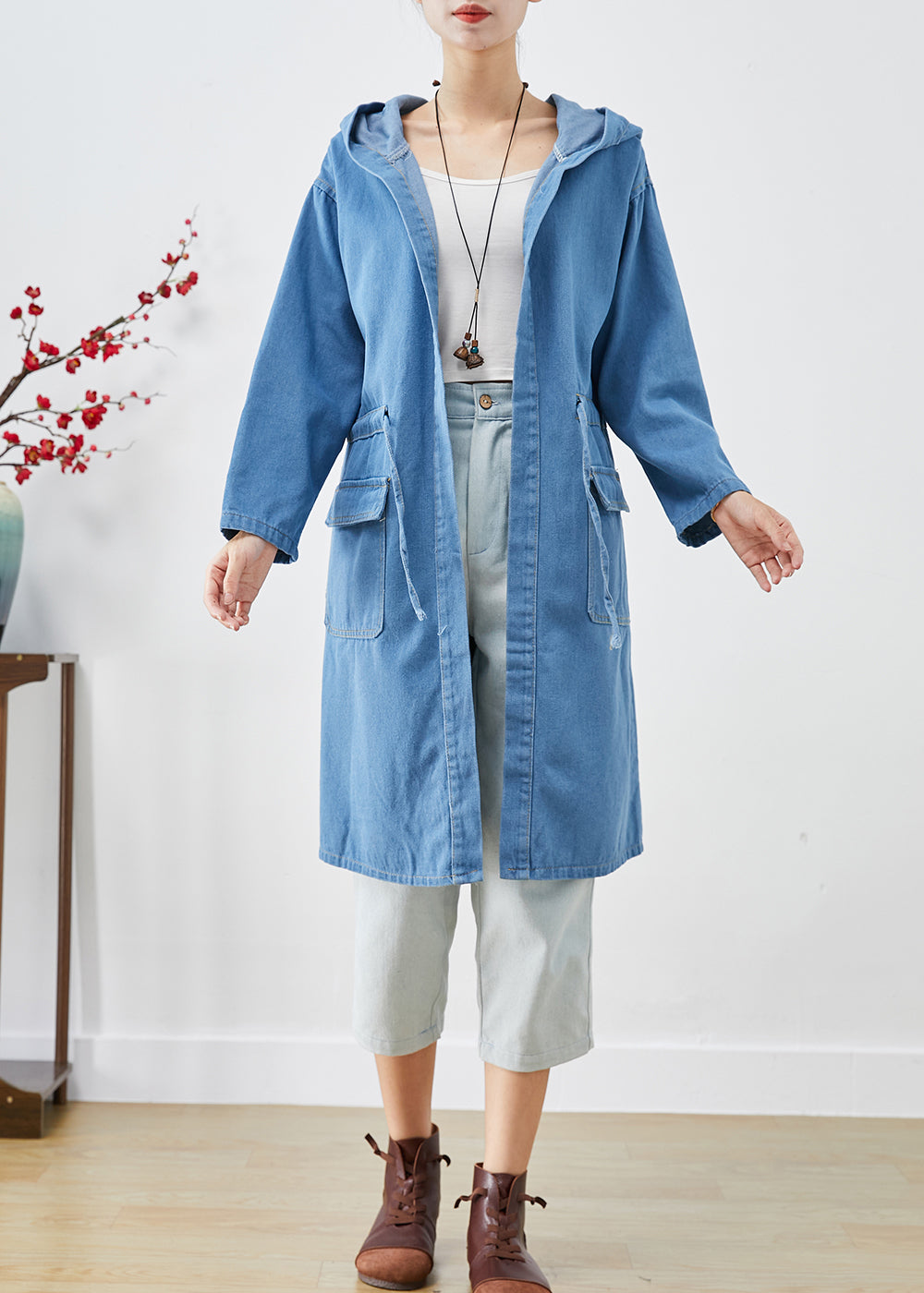 Blue Cinched Hooded Denim Trench Fall