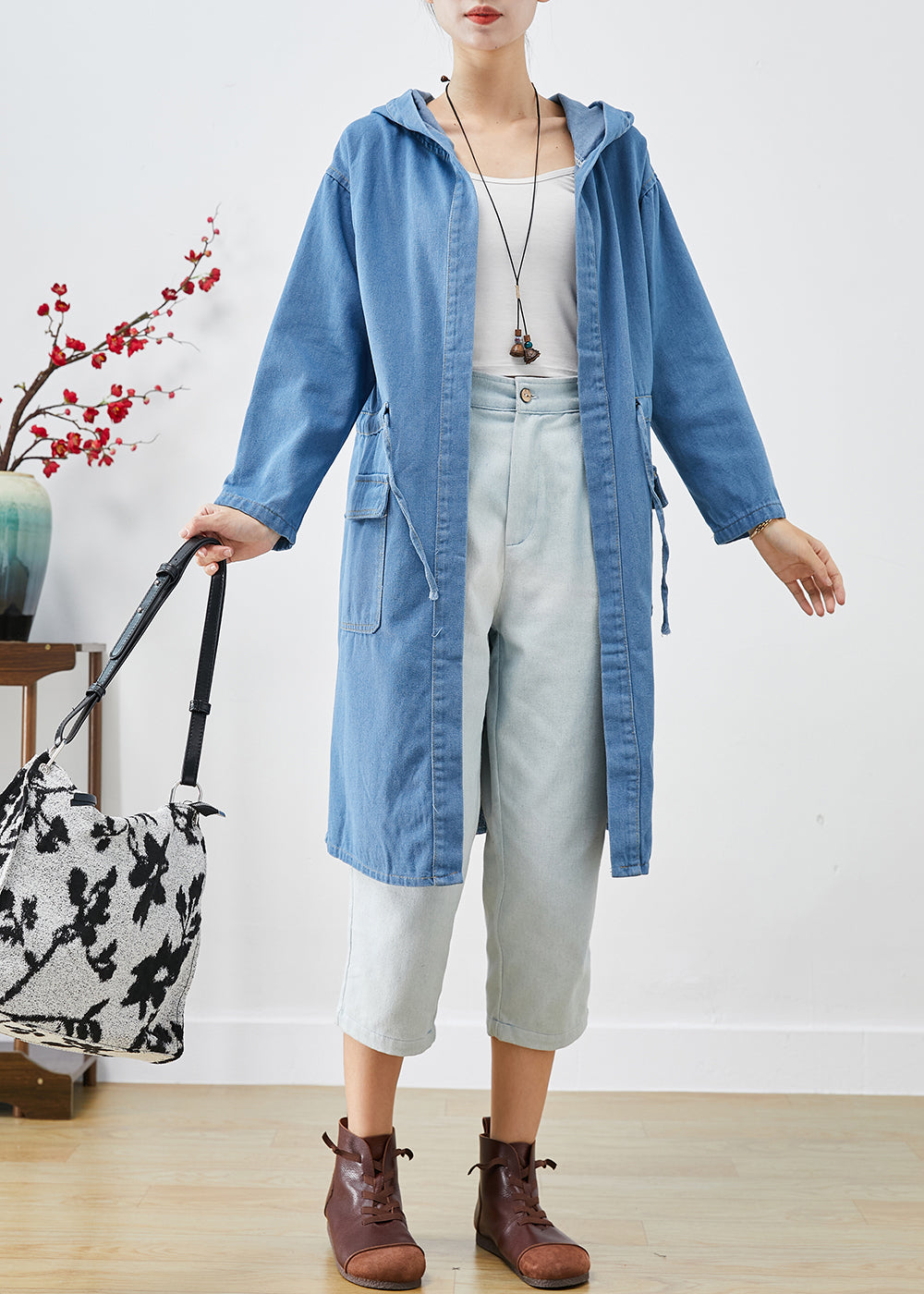 Blue Cinched Hooded Denim Trench Fall