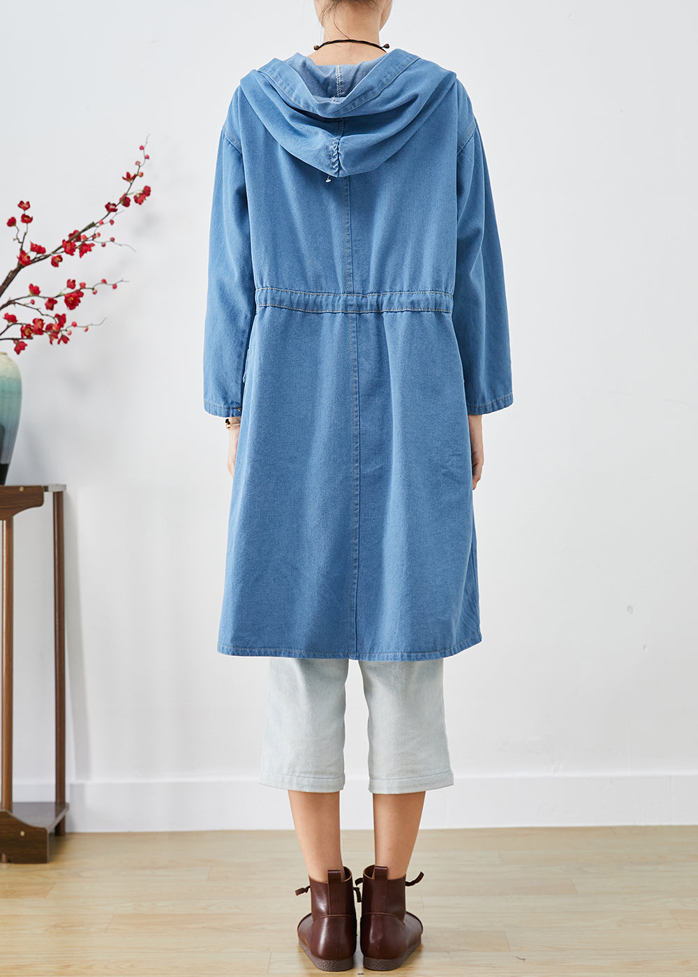 Blue Cinched Hooded Denim Trench Fall