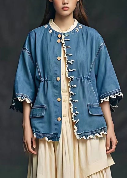Blue Cinched Pockets Patchwork Coats Fall
