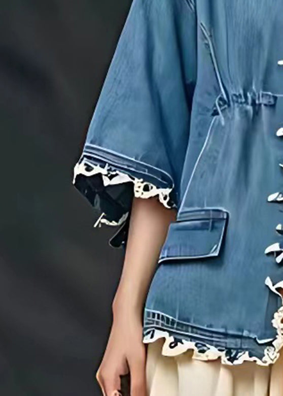 Blue Cinched Pockets Patchwork Coats Fall