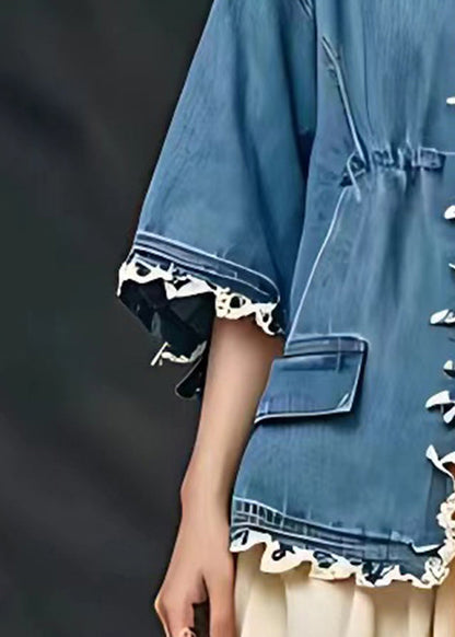 Blue Cinched Pockets Patchwork Coats Fall