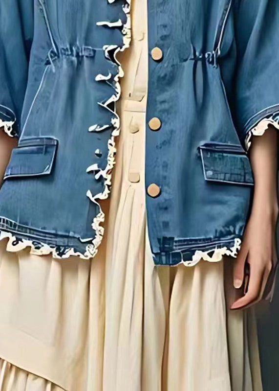 Blue Cinched Pockets Patchwork Coats Fall
