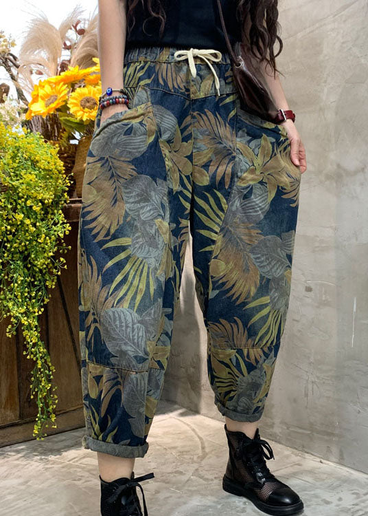 Blue Cinched Print Patchwork Denim Pants Spring