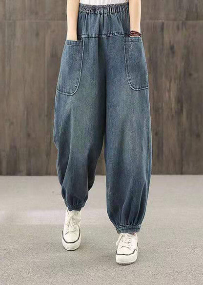Blue Elastic Waist Big Pockets Patchwork Cotton Denim Harem Pants Summer