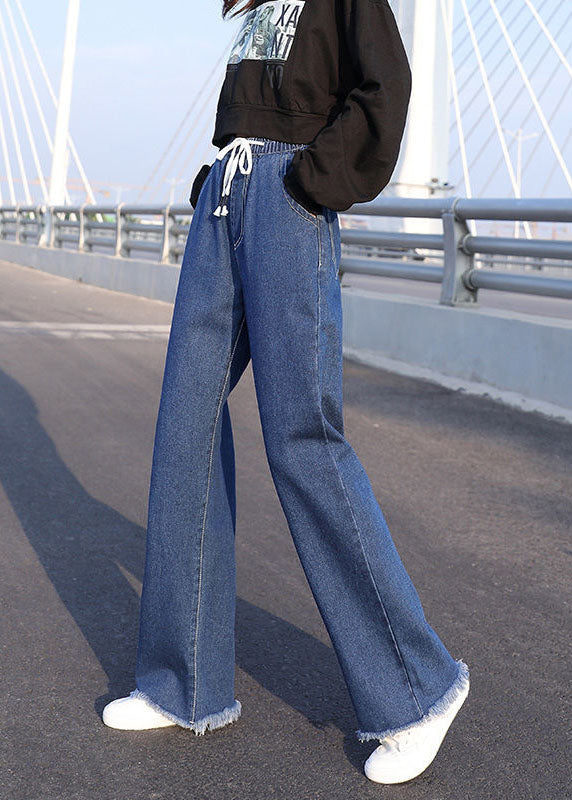 Blue Elastic Waist Drawstring Draping Cotton Denim Wide Leg Pants Summer